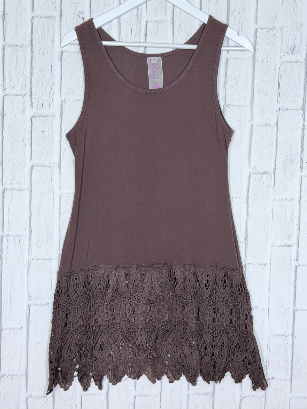 🤎 Pretty Angel Brown Linen Blend Crochet Lace Tunic Tank L/XL